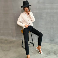 Buckle Solid Color Long Sleeves Blouse