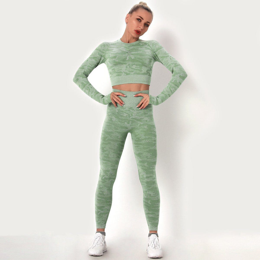 Camouflage Hollow Out Stretch Yoga Pants Long Sleeve Suit