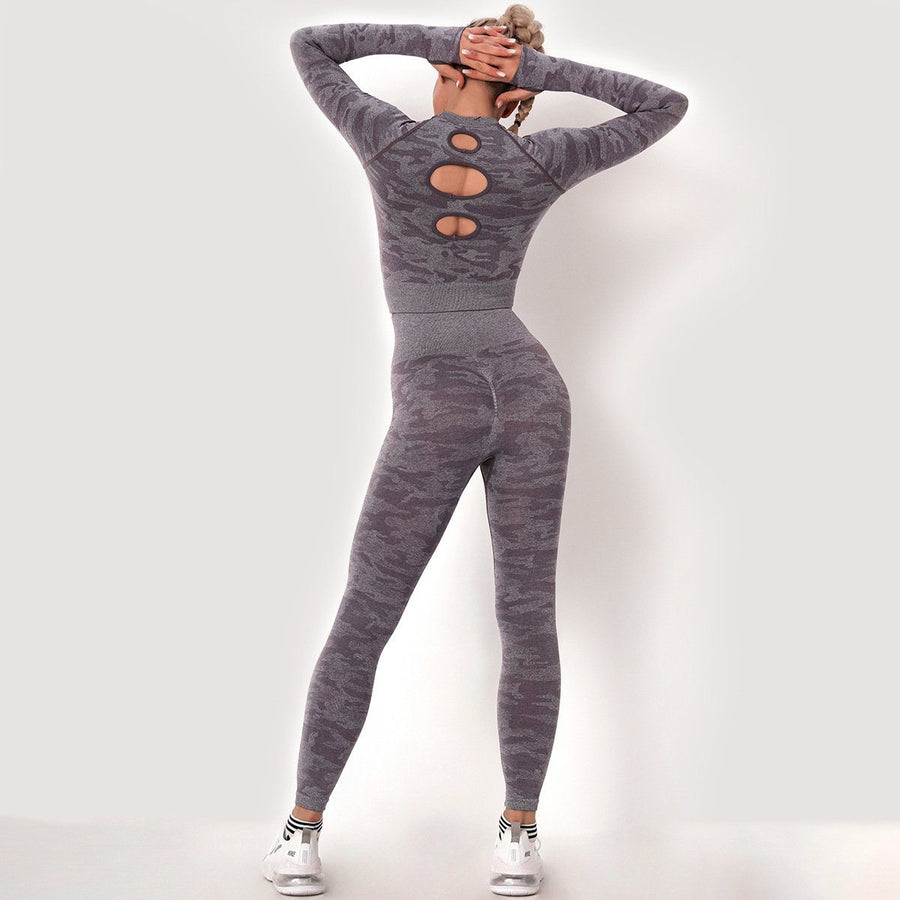 Camouflage Hollow Out Stretch Yoga Pants Long Sleeve Suit