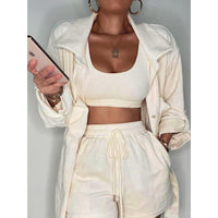 Casual Beige Crop Top and Shorts Set with Jacket
