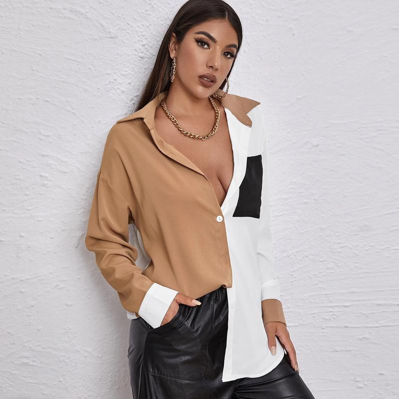 Color Block Buckle Fashionable Blouse With Pocket