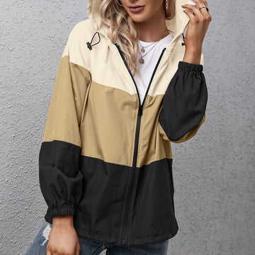 Color Block Hooded Zipper Up Casual Jacket