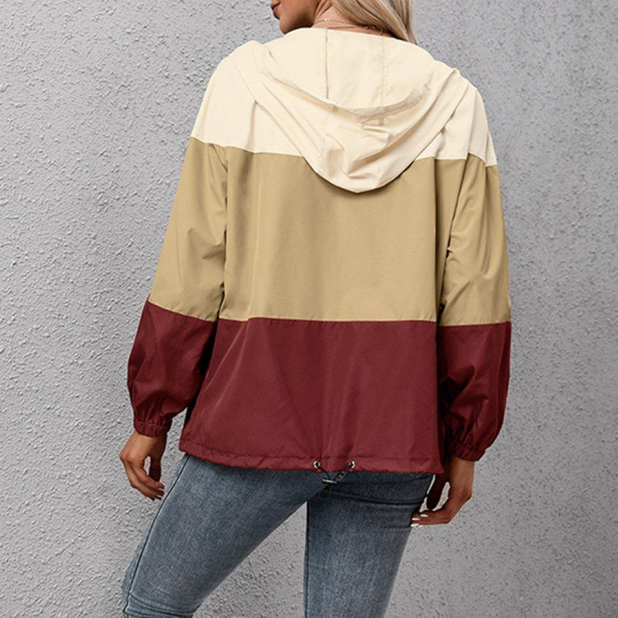 Color Block Hooded Zipper Up Casual Jacket