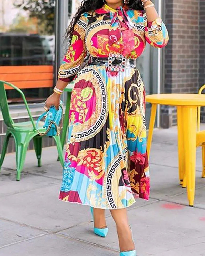 Colorful Long-Sleeve Printed Pleated Dress Without Belt
