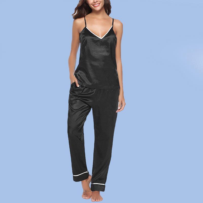 Comfortable Leisure Silk Solid Black Camisole and Pants Set