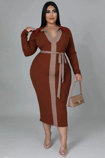 Contrast Color Fitted Plus Size Long Sleeve Midi Dress