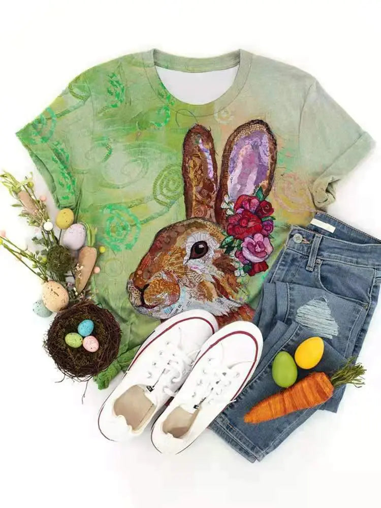 Cute Rabbit Design Casual Short Sleeve T-Shirt