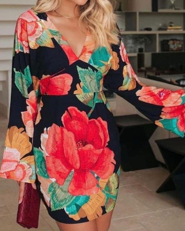 Deep-V Flared Sleeve Floral Dress