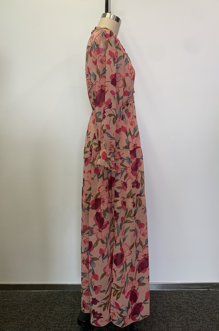 Deep-V Floral Print Ruffled Hem Tiered Dress