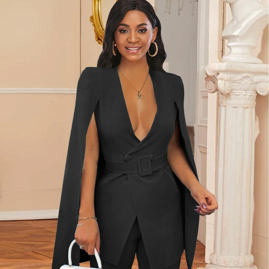 Deep V-Neck Plus Size Outerwear With Belt