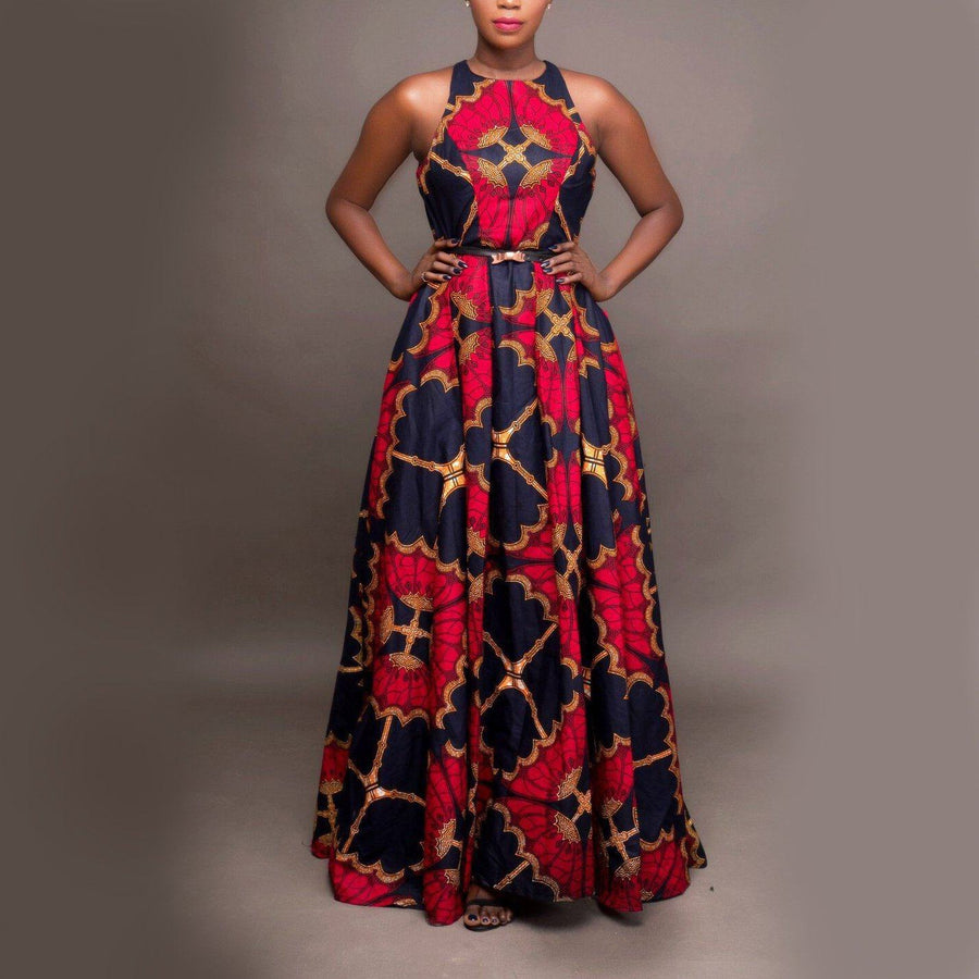 Elegant Halter Sleeveless Geometric Pattern Printed Maxi Dress