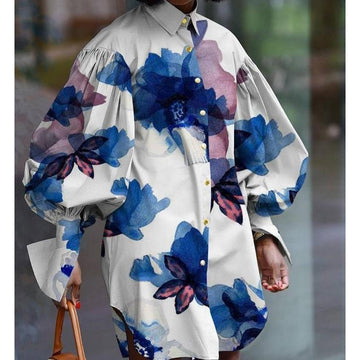 Fashion Lantern Sleeve Ink Painting Printed Plus Size Midi Shirt Dress