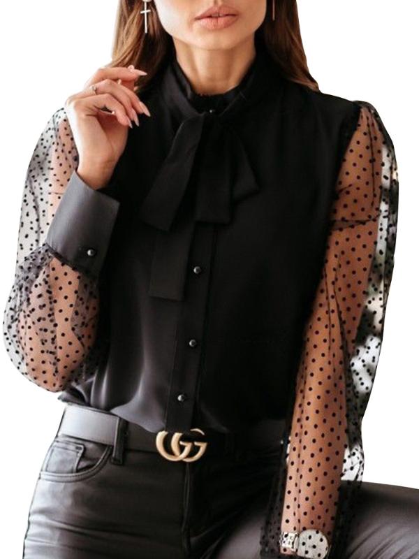 Fashion Mesh Patchwork Long Sleeve Polka Dotted Blouse