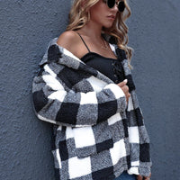 Fashion Plaid Wool Lapel Collar Buckle Coat