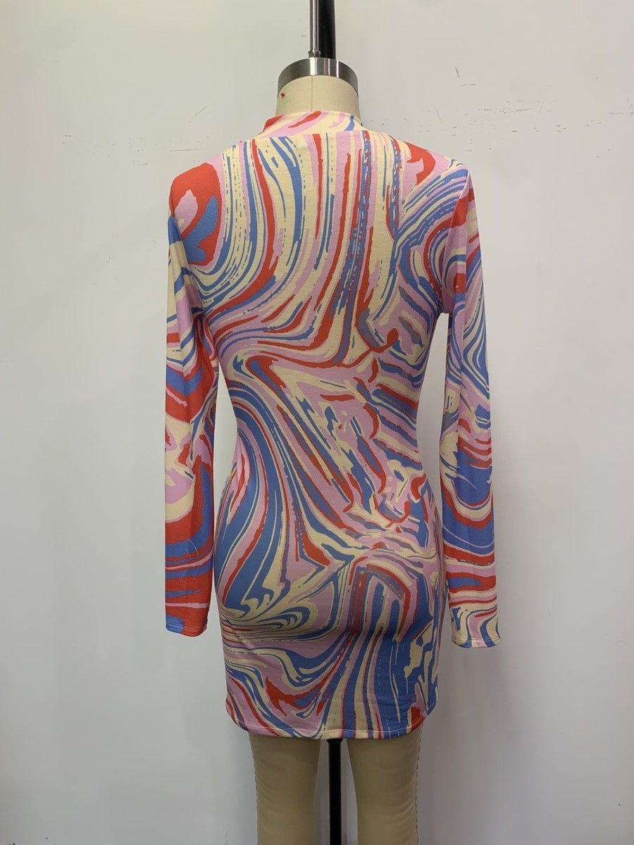 Fashion Print Long Sleeve Bodycon Mini Dress