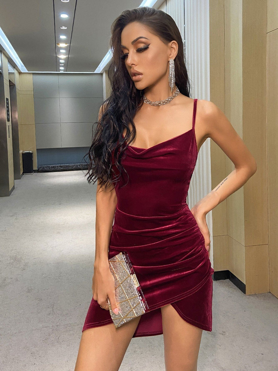 Fashion Sexy Solid Velvet Asymmetric Cami Party Dress
