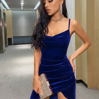 Fashion Sexy Solid Velvet Asymmetric Cami Party Dress