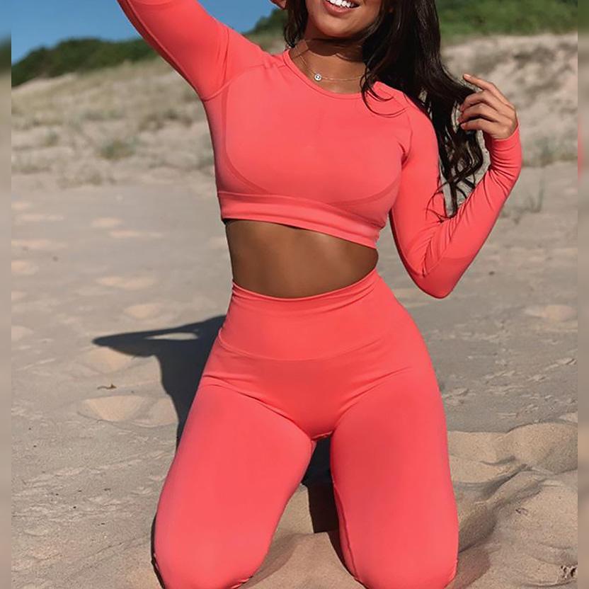 Fashion Solid Color Long Sleeve Workout Set