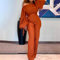 Fashionable Brown Solid Color One Shoulder Long Flared Sleeves Bandage Women Jumpsuits