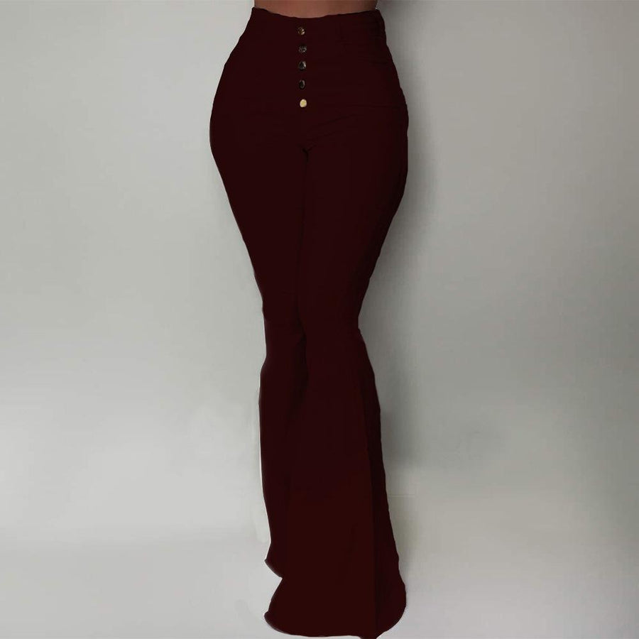 Fashionable Burgundy Solid Color Buckle Long Flared Pants