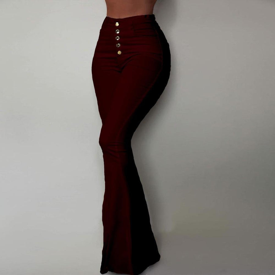Fashionable Burgundy Solid Color Buckle Long Flared Pants