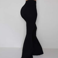Fashionable High Waist Black Buckle Solid Color Flared Pants