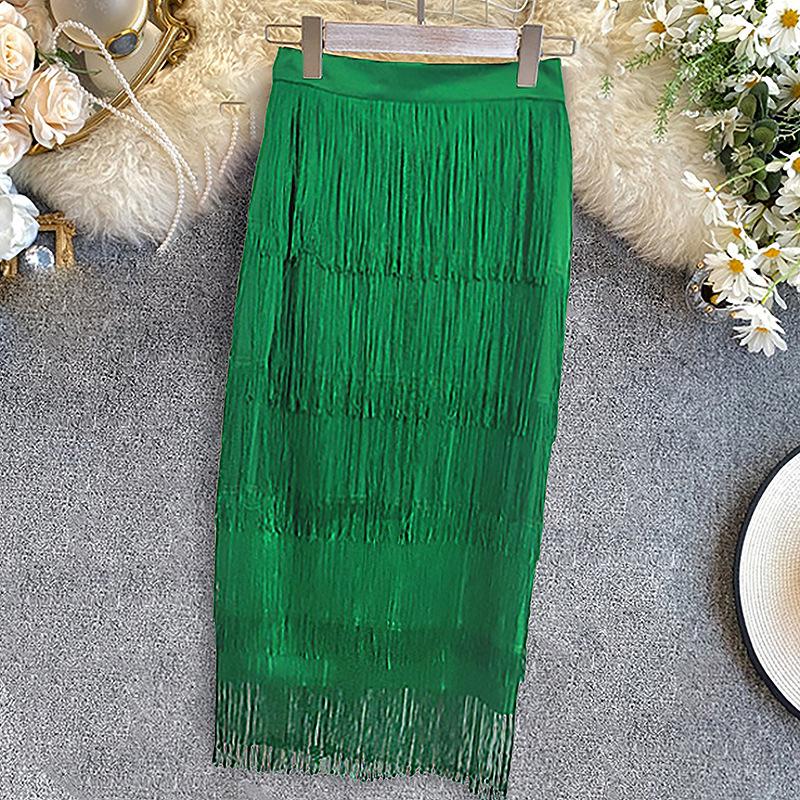 Fashionable High-Waisted Solid Color Tassel Tiered Skirt