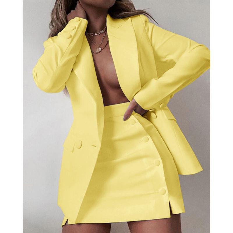 Fashionable Solid Color Front Button Pockets Blazer And Skirt Set
