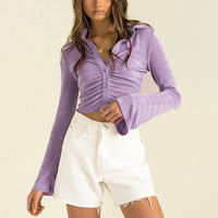 Flared Sleeve Front Buckle Collared Solid Color Crop Top
