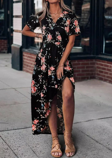 Floral Asymmetric Slit Maxi Dress