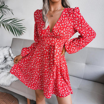 Floral Deep V-Neck Front Tie Mini Dress