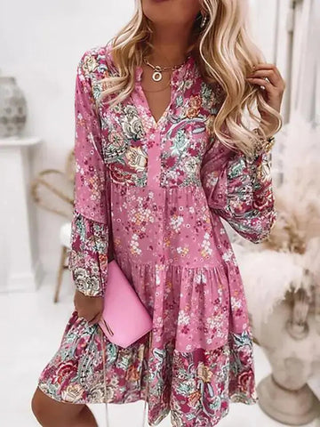 Floral Puff Sleeve V-Neck Mini Dress