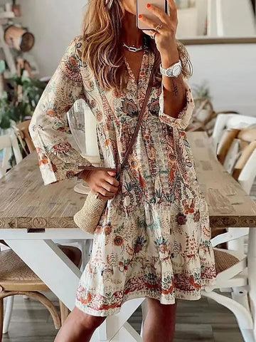 Floral pattern puff sleeve fashion mini dress