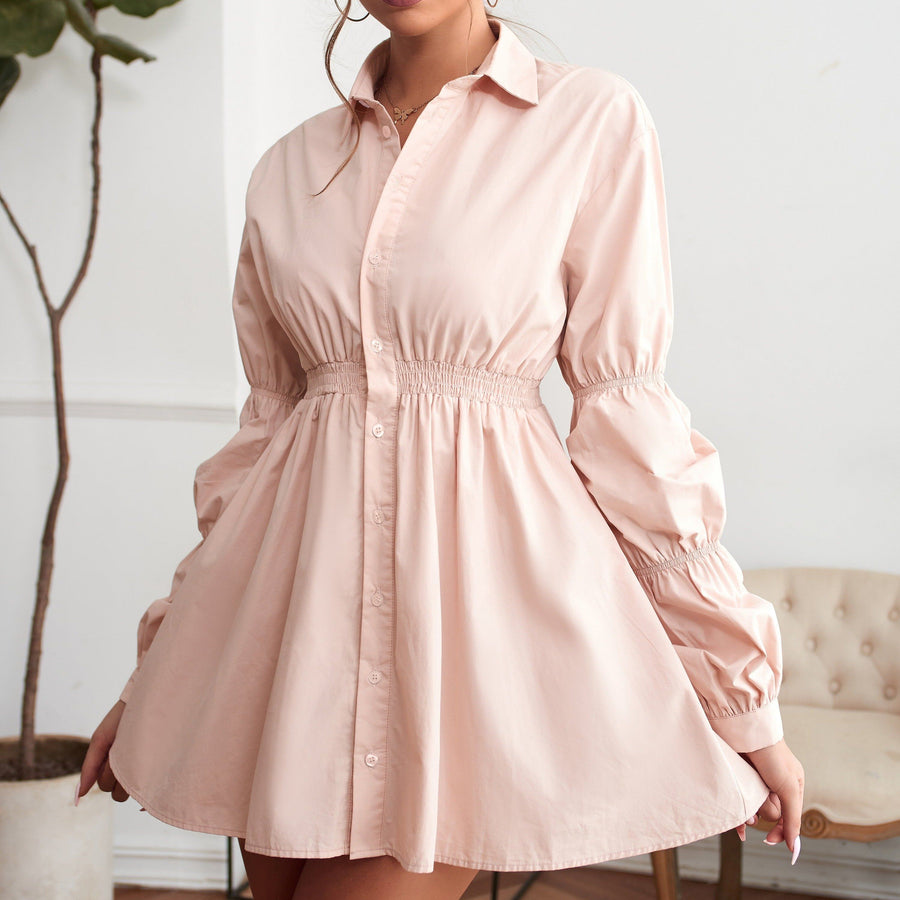 Front Buckle Ruched Sleeve Collared Mini Dress