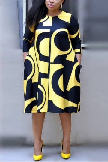 Geometric pattern long sleeve plus size dress