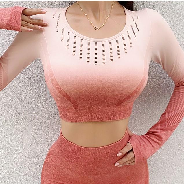 Gradient Hollow-Out Long Sleeves Gym Training Fitness Suit