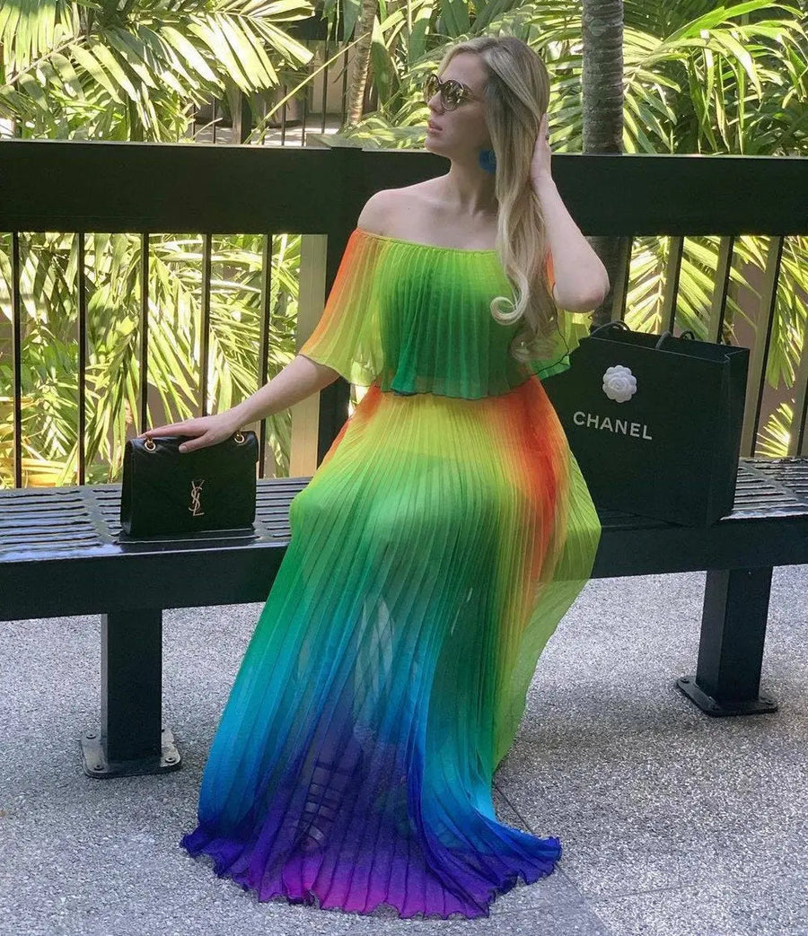 Gradient Off The Shoulder Rainbow Maxi Dress