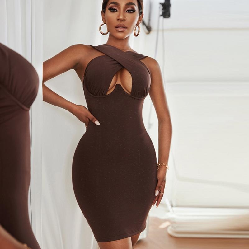 Halter Hollow Out Brown Color Bodycon Mini Dress
