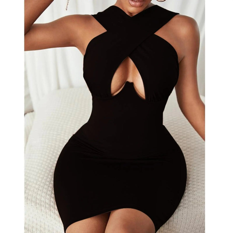 Halter Hollow Out Brown Color Bodycon Mini Dress