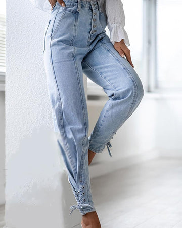 High Waist Front Buckle Lace Up Jeans