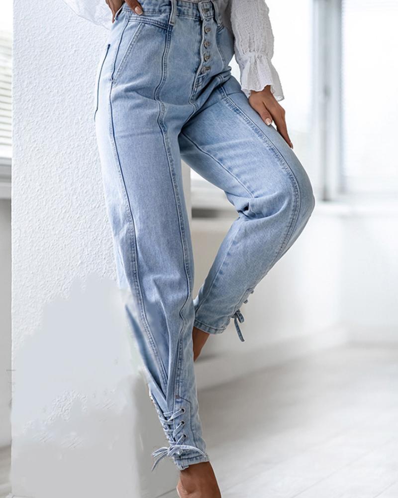 High Waist Front Buckle Lace Up Jeans