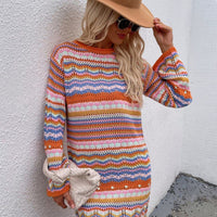 Hollow-Out O-Neck Striped Knitted Sweater Dress