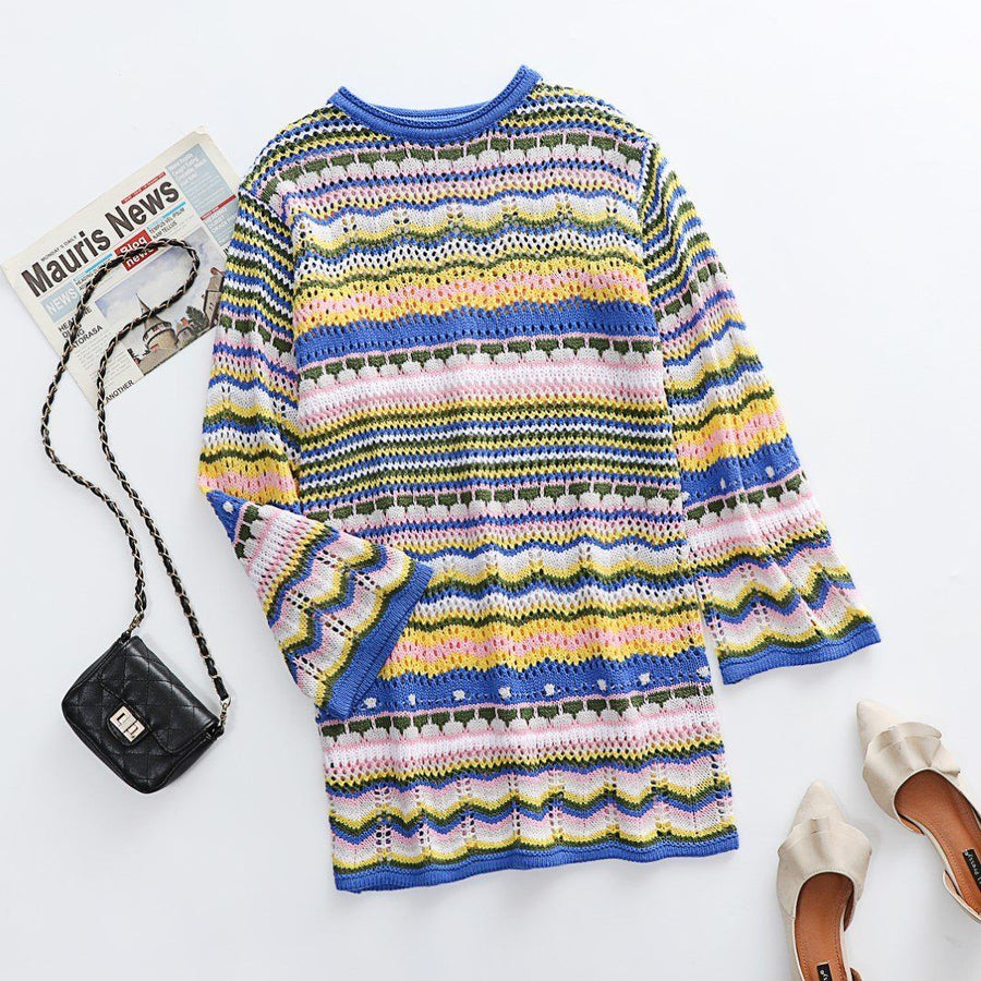 Hollow-Out O-Neck Striped Knitted Sweater Dress