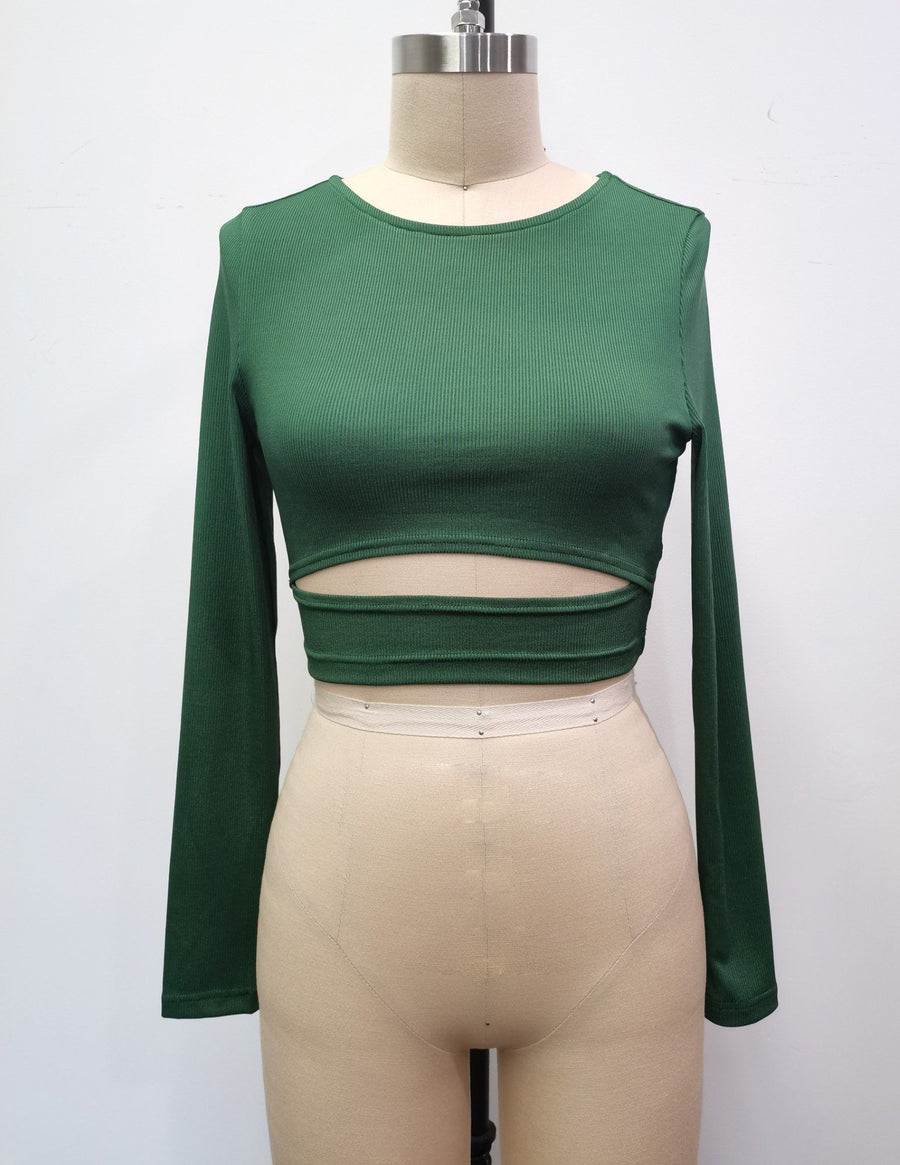 Hollow Out Round Neck Crop Blouse
