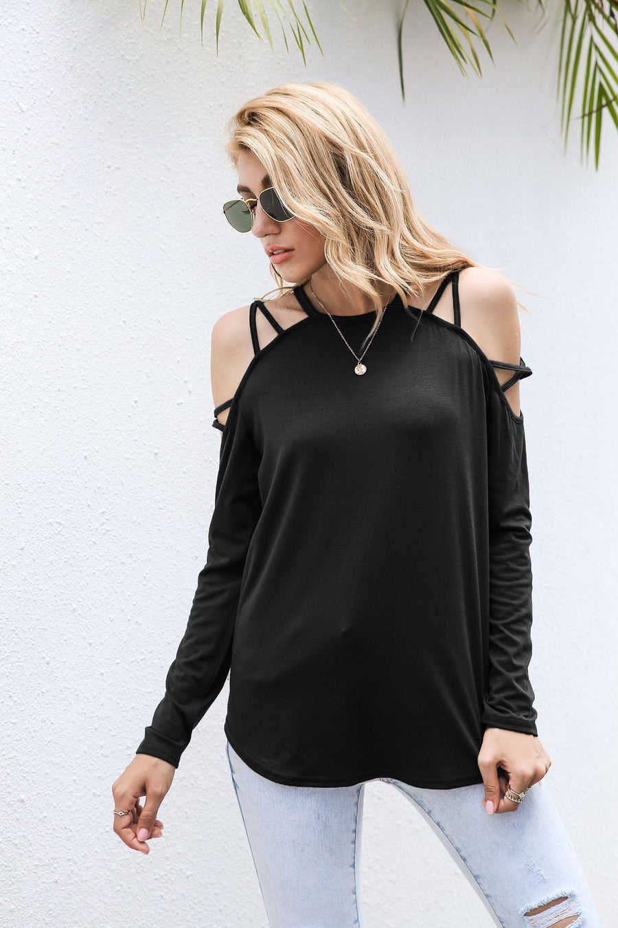 Hollow Out Solid Color Long Sleeves Blouse