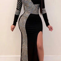 Hot Rhinestone Slim Long Sleeve Plus Size Maxi Dress