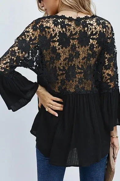 Lace stitching V-neck button top