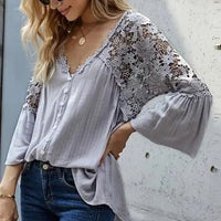 Lace stitching V-neck button top