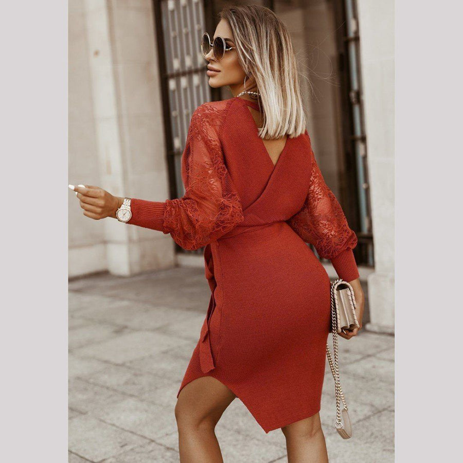 Laced See-Through Sleeve Front Tie Wrap Sweater Dress