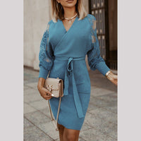 Laced See-Through Sleeve Front Tie Wrap Sweater Dress